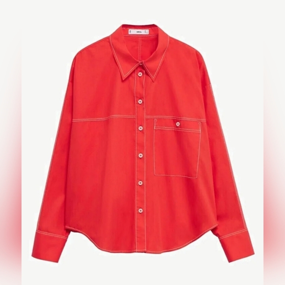MNG Mango Red Coral Pocket Button Down Blouse Size XS - Picture 1 of 12